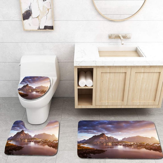 PUDMAD Summer Sunrise Reine Village Lofoten Islands Norway 3 Piece Bathroom Rugs Set Bath Rug Contour Mat and Toilet Lid Cover