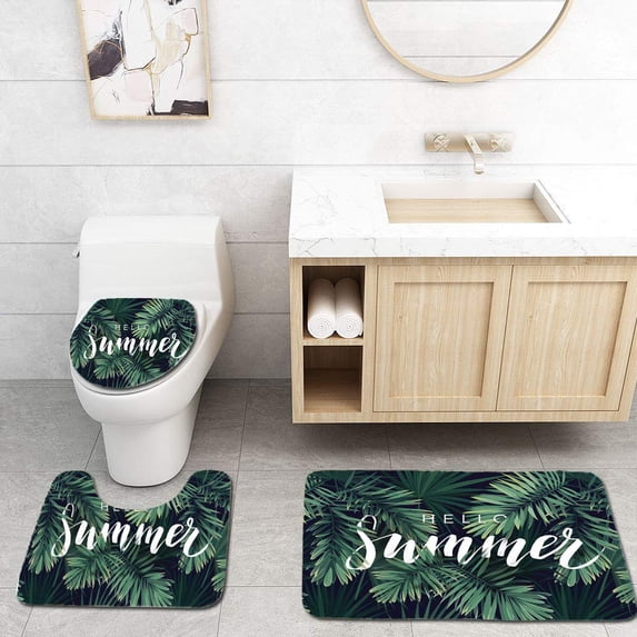 PUDMAD Summer Tropical Calligraphy Exotic Dark Green Palm Leaves on 3 Piece Bathroom Rugs Set Bath Rug Contour Mat and Toilet Lid Cover