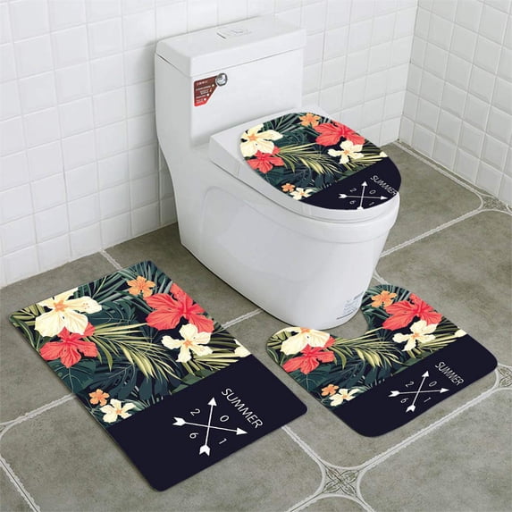 PUDMAD Summer Tropical Hawaiian Palm Tree Leaves and Exotic 3 Piece Bathroom Rugs Set Bath Rug Contour Mat and Toilet Lid Cover