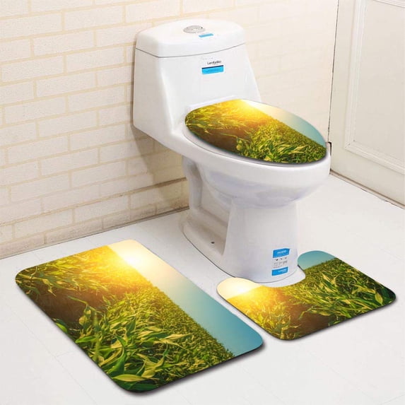 PUDMAD Summer day highs agricultural field which is growing in neat rows high sweet corn 3 Piece Bathroom Rugs Set Bath Rug Contour Mat and Toilet Lid Cover