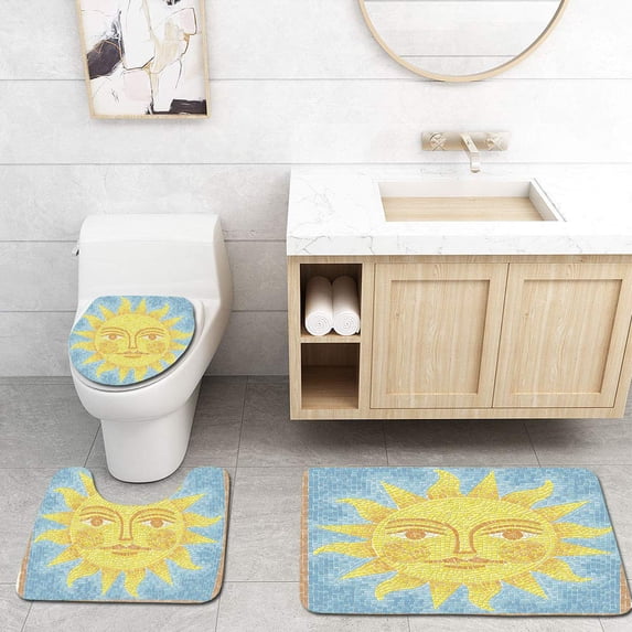 PUDMAD Sun Mosaic 3 Piece Bathroom Rugs Set Bath Rug Contour Mat and Toilet Lid Cover