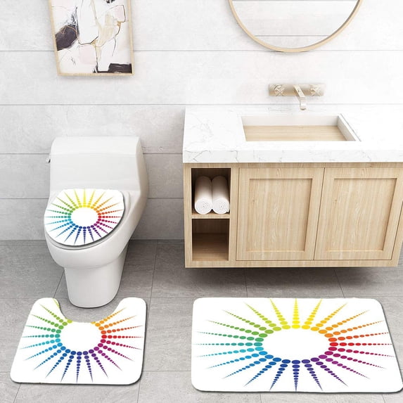 PUDMAD Sun Rays Rainbow Colored Dots 3 Piece Bathroom Rugs Set Bath Rug Contour Mat and Toilet Lid Cover