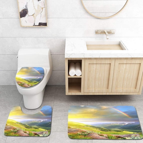 PUDMAD Sundown 3 Piece Bathroom Rugs Set Bath Rug Contour Mat and Toilet Lid Cover