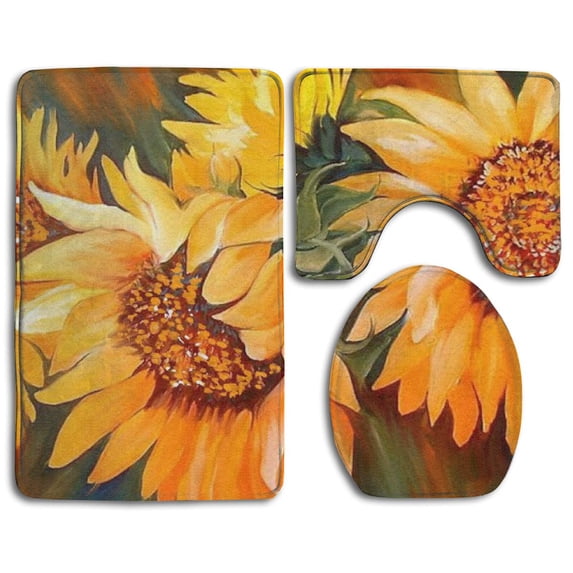 PUDMAD Sunflower Painting 3 Piece Bathroom Rugs Set Bath Rug Contour Mat and Toilet Lid Cover