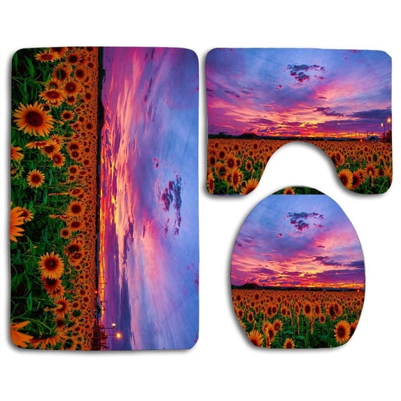 PUDMAD Sunflower Sunset 3 Piece Bathroom Rugs Set Bath Rug Contour Mat and Toilet Lid Cover