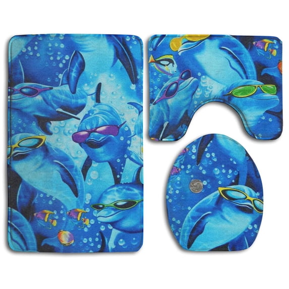 PUDMAD Sunglasses Dolphin Gang 3 Piece Bathroom Rugs Set Bath Rug Contour Mat and Toilet Lid Cover