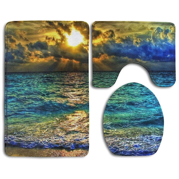 PUDMAD Sunlight in Ocean Water 3 Piece Bathroom Rugs Set Bath Rug Contour Mat and Toilet Lid Cover