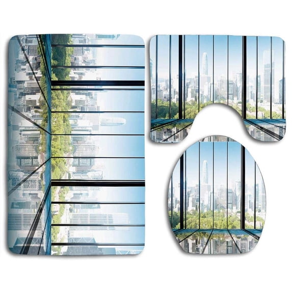 PUDMAD Sunny Clear Sky Office Skyscrapers in Urban Metropolitan City Scenery 3 Piece Bathroom Rugs Set Bath Rug Contour Mat and Toilet Lid Cover