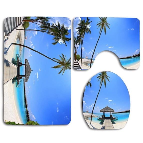 PUDMAD Sunny Palm Beach Corner Expert 3 Piece Bathroom Rugs Set Bath Rug Contour Mat and Toilet Lid Cover