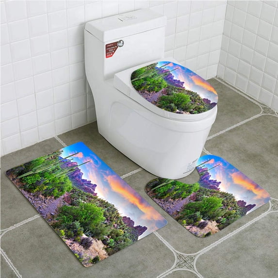 PUDMAD Sunrise 3 Piece Bathroom Rugs Set Bath Rug Contour Mat and Toilet Lid Cover