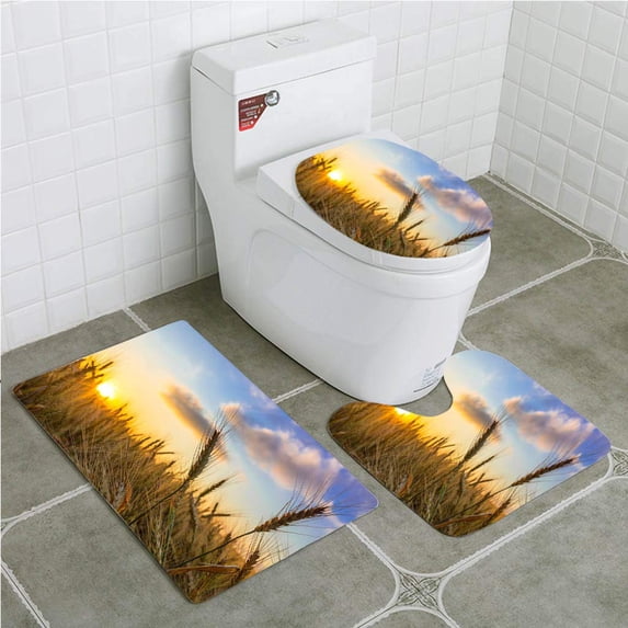PUDMAD Sunrise 3 Piece Bathroom Rugs Set Bath Rug Contour Mat and Toilet Lid Cover