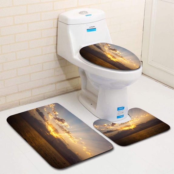 PUDMAD Sunrise 3 Piece Bathroom Rugs Set Bath Rug Contour Mat and Toilet Lid Cover