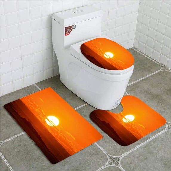 PUDMAD Sunrise Over sea 3 Piece Bathroom Rugs Set Bath Rug Contour Mat and Toilet Lid Cover