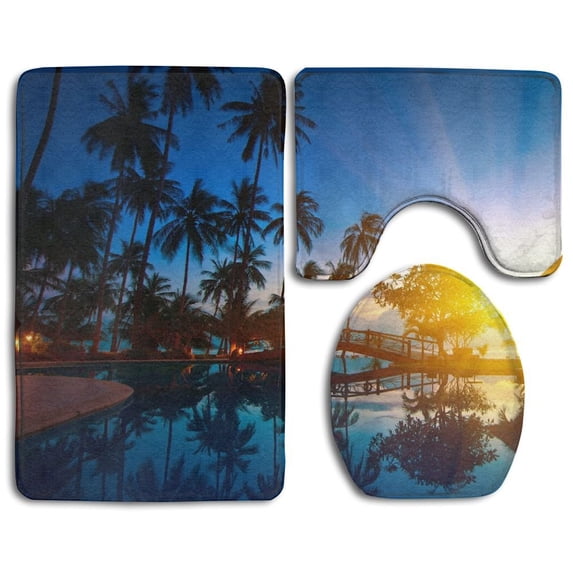 PUDMAD Sunrise Palm Trees 3 Piece Bathroom Rugs Set Bath Rug Contour Mat and Toilet Lid Cover