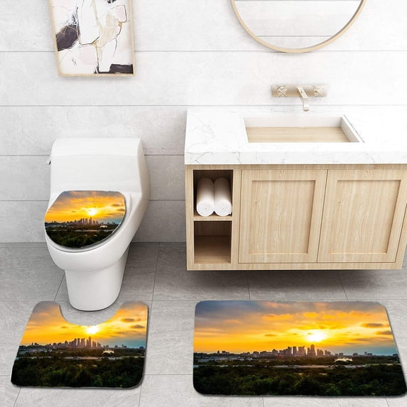 PUDMAD Sunrise Solar Flare Austin Texas Skyline Perfection 3 Piece Bathroom Rugs Set Bath Rug Contour Mat and Toilet Lid Cover