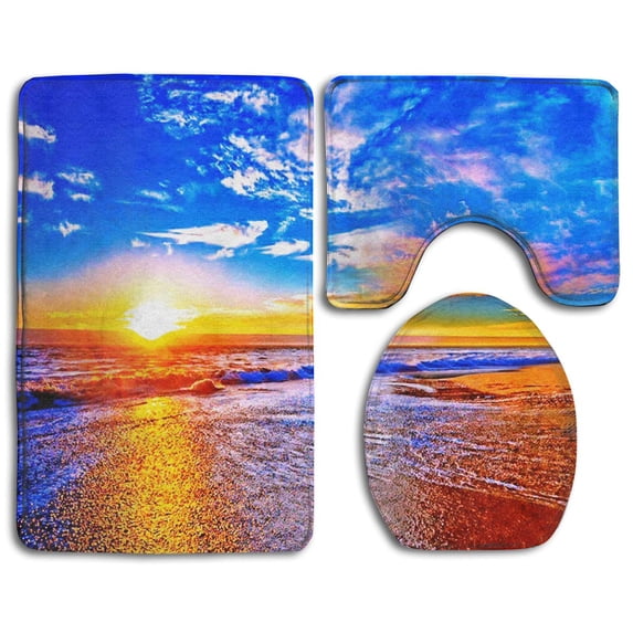 PUDMAD Sunrise Summer Beach Painting 3 Piece Bathroom Rugs Set Bath Rug Contour Mat and Toilet Lid Cover