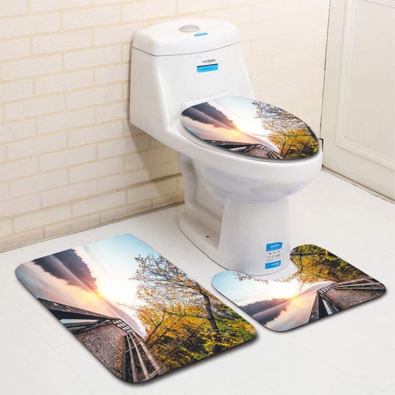 PUDMAD Sunrise by Lake 3 Piece Bathroom Rugs Set Bath Rug Contour Mat and Toilet Lid Cover