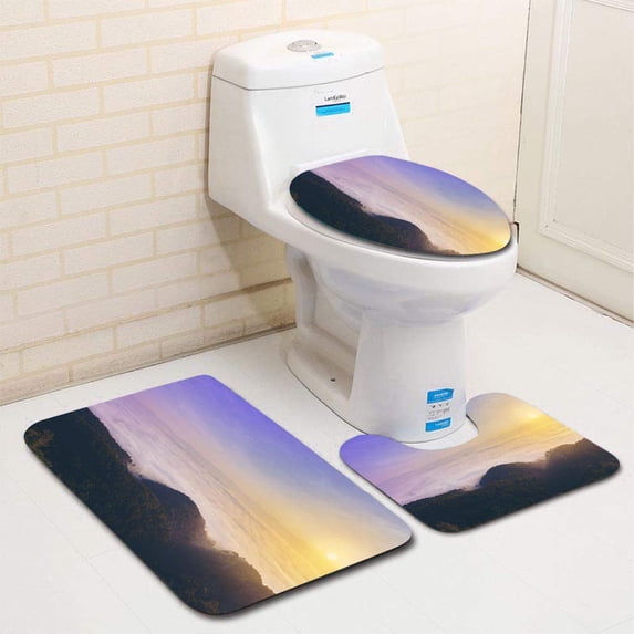 PUDMAD Sunrise on top Rocky Mountain View info Misty Valley 3 Piece Bathroom Rugs Set Bath Rug Contour Mat and Toilet Lid Cover