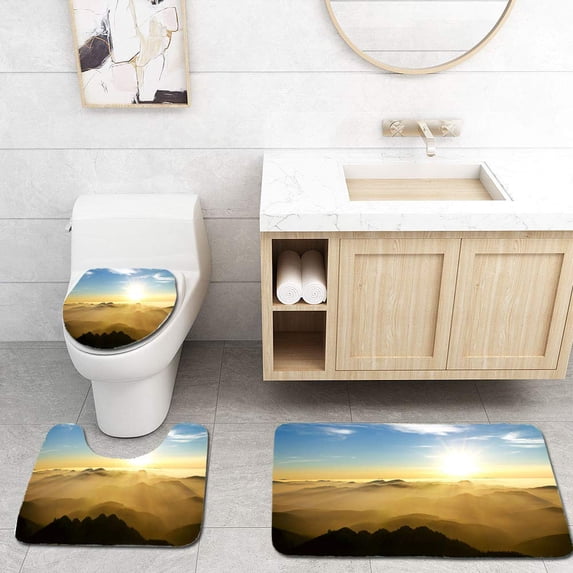 PUDMAD Sunset Behind Mountains 3 Piece Bathroom Rugs Set Bath Rug Contour Mat and Toilet Lid Cover