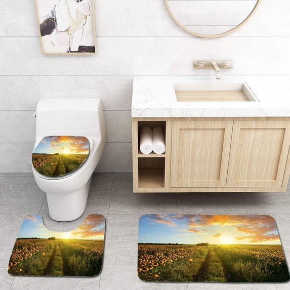 PUDMAD Sunset Landscape XXXL 3 Piece Bathroom Rugs Set Bath Rug Contour Mat and Toilet Lid Cover