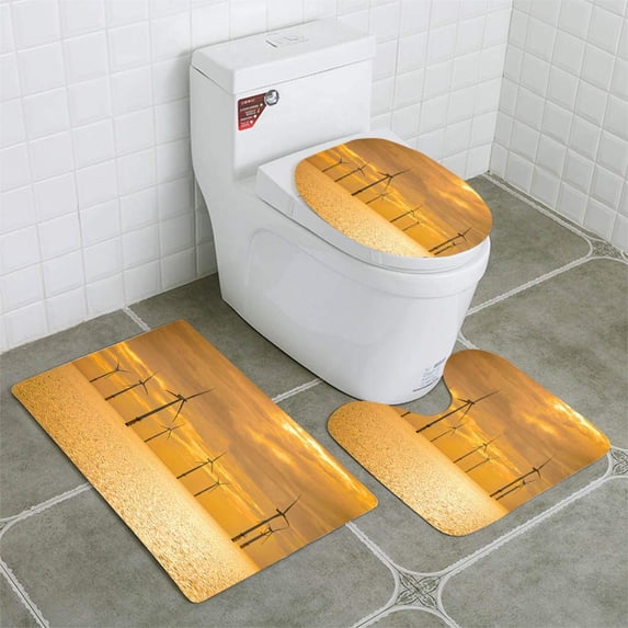 PUDMAD Sunset Offshore Wind Turbine in a Wind Farm Under Construction 3 Piece Bathroom Rugs Set Bath Rug Contour Mat and Toilet Lid Cover