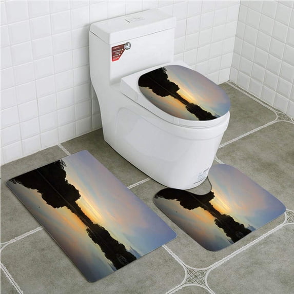 PUDMAD Sunset Over River 3 Piece Bathroom Rugs Set Bath Rug Contour Mat and Toilet Lid Cover
