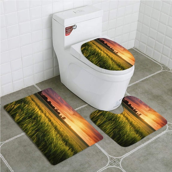 PUDMAD Sunset Over a Wheat Field 3 Piece Bathroom Rugs Set Bath Rug Contour Mat and Toilet Lid Cover