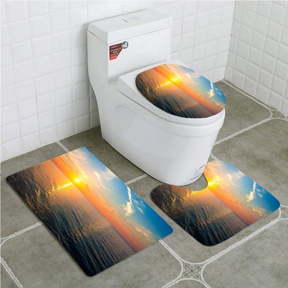 PUDMAD Sunset Over sea 3 Piece Bathroom Rugs Set Bath Rug Contour Mat and Toilet Lid Cover