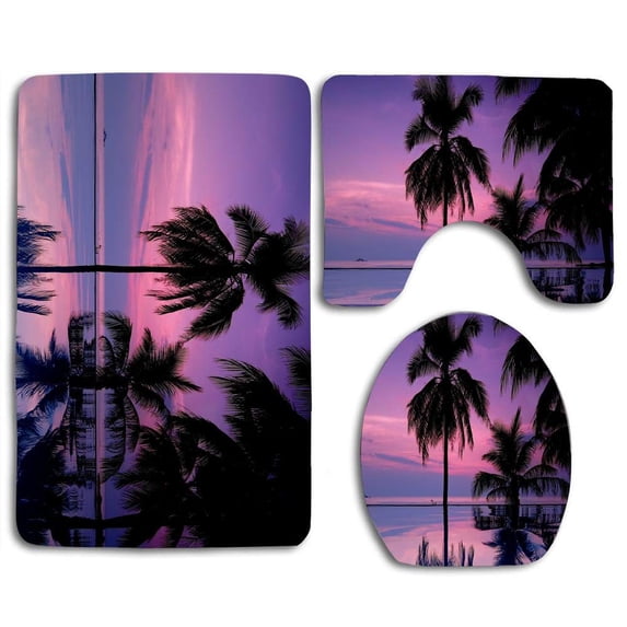 PUDMAD Sunset Palm Tree 3 Piece Bathroom Rugs Set Bath Rug Contour Mat and Toilet Lid Cover