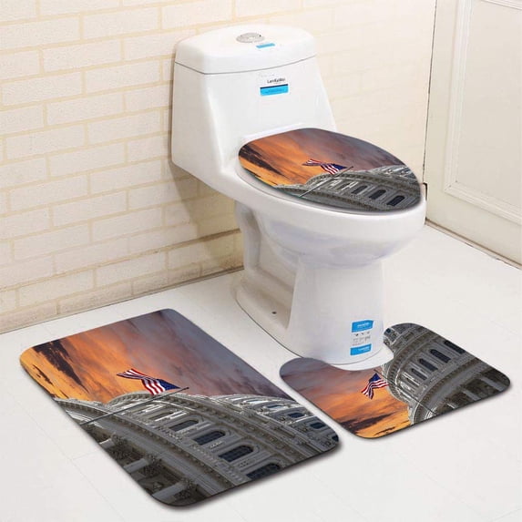 PUDMAD Sunset Sky Over US Capitol Building 3 Piece Bathroom Rugs Set Bath Rug Contour Mat and Toilet Lid Cover