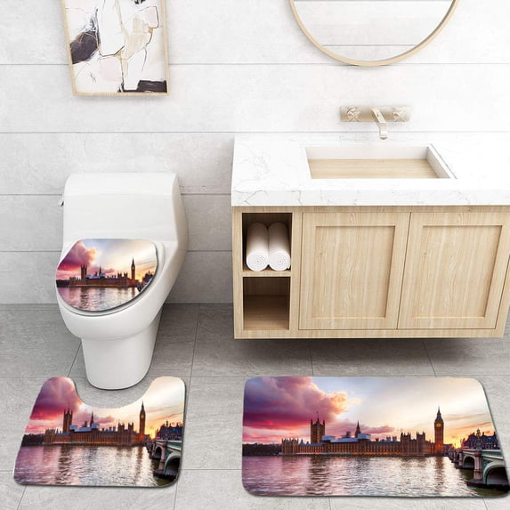 PUDMAD Sunset at Westminster Bridge 3 Piece Bathroom Rugs Set Bath Rug Contour Mat and Toilet Lid Cover