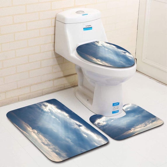 PUDMAD Sunset crepuscular Rays Pouring Though Scatte Clouds 3 Piece Bathroom Rugs Set Bath Rug Contour Mat and Toilet Lid Cover