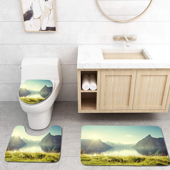 PUDMAD Sunset in Lofoten Islands Norway 3 Piece Bathroom Rugs Set Bath Rug Contour Mat and Toilet Lid Cover