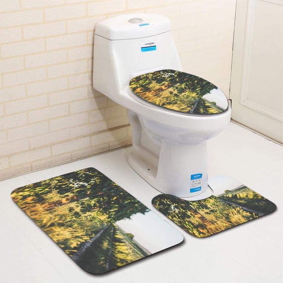 PUDMAD Sunset on Meadow Trough Cherry Tree 3 Piece Bathroom Rugs Set Bath Rug Contour Mat and Toilet Lid Cover