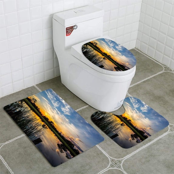 PUDMAD Sunset on River 3 Piece Bathroom Rugs Set Bath Rug Contour Mat and Toilet Lid Cover