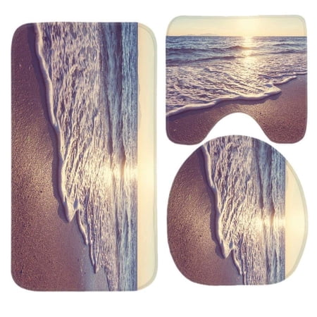 PUDMAD Sunshine Sea Beach Ocean 3 Piece Bathroom Rugs Set Bath Rug Contour Mat and Toilet Lid Cover