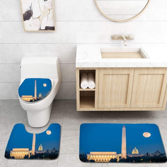PUDMAD Supermoon Above Washington DC 3 Piece Bathroom Rugs Set Bath Rug Contour Mat and Toilet Lid Cover