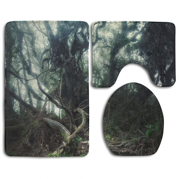 PUDMAD Surreal Colors Fantasy Mystical Tropical Mossy Forest Amazing Jungle Plants 3 Piece Bathroom Rugs Set Bath Rug Contour Mat and Toilet Lid Cover