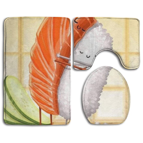 PUDMAD Sushi Friends 3 Piece Bathroom Rugs Set Bath Rug Contour Mat and Toilet Lid Cover