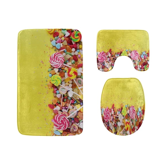 PUDMAD Sweet Colorful and Varied Candies 3 Piece Bathroom Rugs Set Bath Rug Contour Mat and Toilet Lid Cover