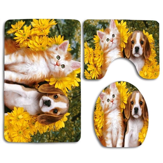 PUDMAD Sweet Kitten Cute Puppy Dog in Flowers 3 Piece Bathroom Rugs Set Bath Rug Contour Mat and Toilet Lid Cover