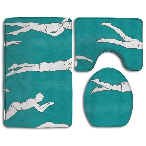 PUDMAD Swimmers 3 Piece Bathroom Rugs Set Bath Rug Contour Mat and Toilet Lid Cover