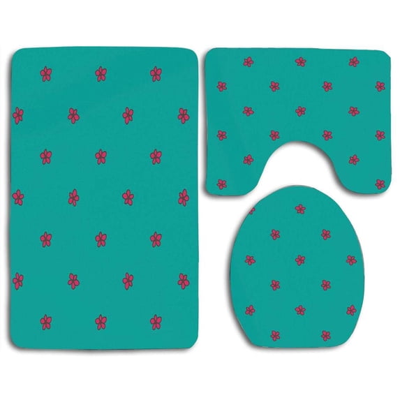 PUDMAD Teal Hand Drawn Pink Wild Flowers on Teal Background Flora Theme Nature Inspired 3 Piece Bathroom Rugs Set Bath Rug Contour Mat and Toilet Lid Cover
