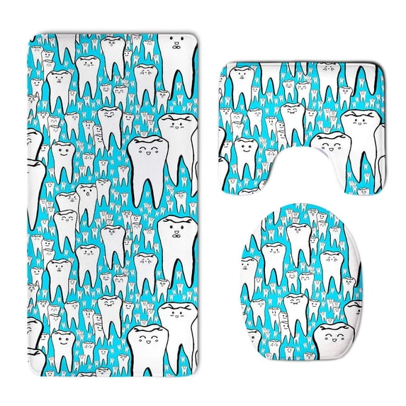 PUDMAD Teeth 3 Piece Bathroom Rugs Set Bath Rug Contour Mat and Toilet Lid Cover
