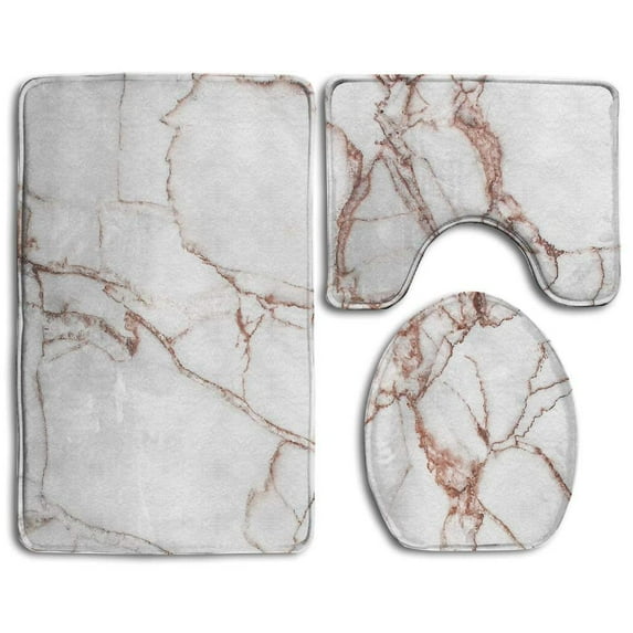 PUDMAD Texture Abstract Marble Stone White and Brown 3 Piece Bathroom Rugs Set Bath Rug Contour Mat and Toilet Lid Cover