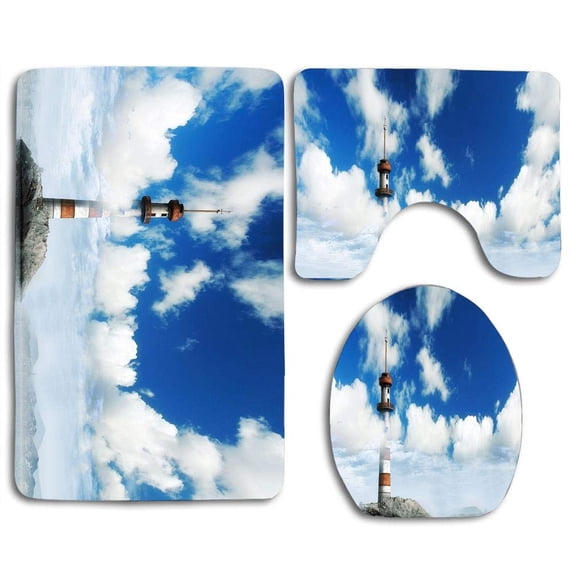 PUDMAD The Lighthouse High to Blue Sky 3 Piece Bathroom Rugs Set Bath Rug Contour Mat and Toilet Lid Cover