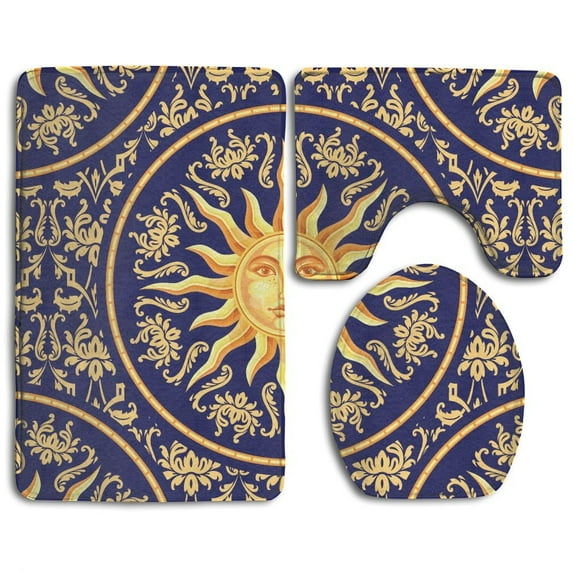 PUDMAD The Old Sun And Moon 3 Piece Bathroom Rugs Set Bath Rug Contour Mat and Toilet Lid Cover