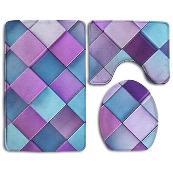 PUDMAD The Purple Block Stage 3 Piece Bathroom Rugs Set Bath Rug Contour Mat and Toilet Lid Cover