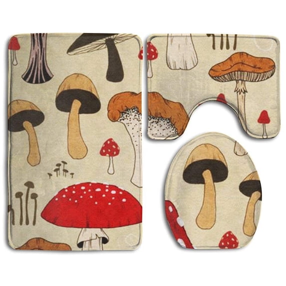 PUDMAD The Various Mushroom Art 3 Piece Bathroom Rugs Set Bath Rug Contour Mat and Toilet Lid Cover