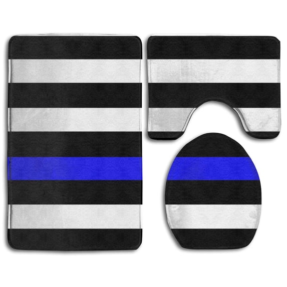 PUDMAD Thin Blue Line Police Support American Flag 3 Piece Bathroom Rugs Set Bath Rug Contour Mat and Toilet Lid Cover